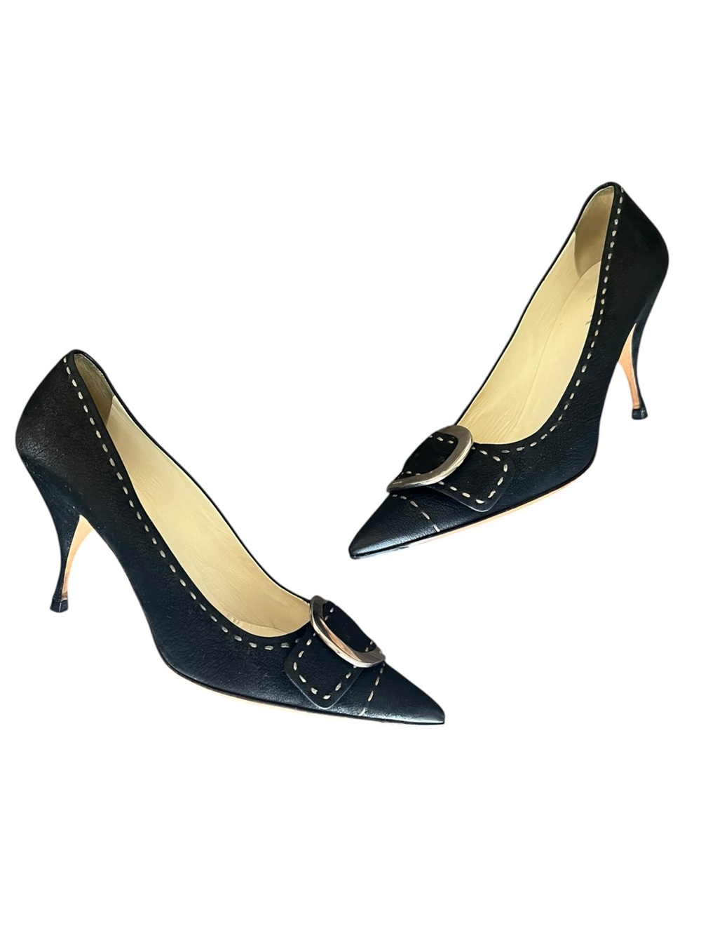 Prada Women’s Vintage Y2K Silver Buckle Black Leather Point Toe Heels Size 40 - Picture 6 of 10